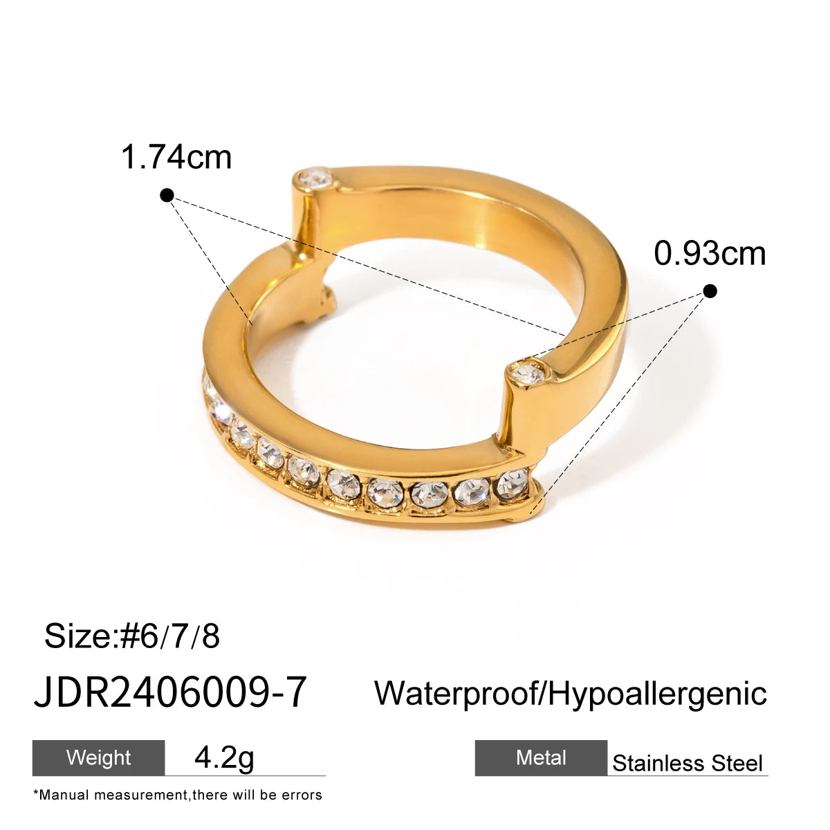 Youthway Unique Designed Upper Lower Asymmetrical Half Bezel Rhinestone Inlaid Ring PVD Plated Stainless Steel Colorfast Jewelry