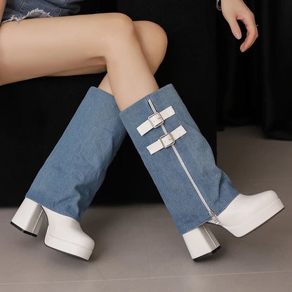 Plus Size Double Row Belt Buckle Zipper Denim Patchwork PU Fashion Mid–Calf Boots Ultra-High Thick Heels SLIP-ON Modern Boots