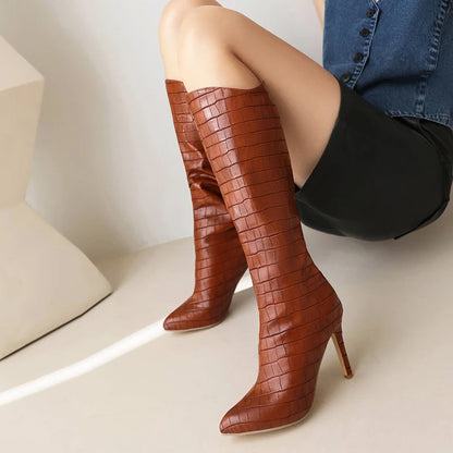 Plus Size Stone Stripe Pointed Tip Super High Thin Heels Sexy Slip-On Women's Knee Length Boots Plush Inner Lining Long Boots