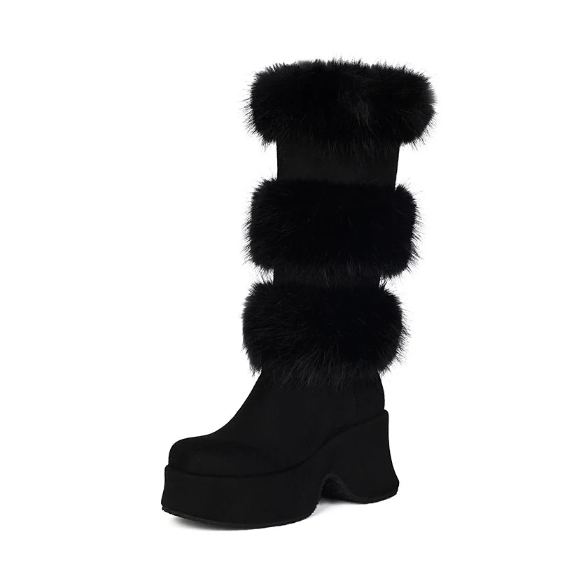 Matte Velvet Patchwork Fur Round Toe Thick Sole Sponge Cake Heel Thick Plush Fur Boots Slip On Height Increasing Knee High Boots