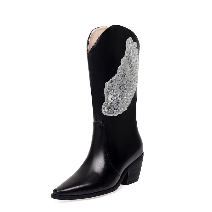 Plus Size Wing Pattern Sequin Cloth Decal Women's Mid Length Boots With Pointed Tapered Thick Heels Slip-On Metallic Boots