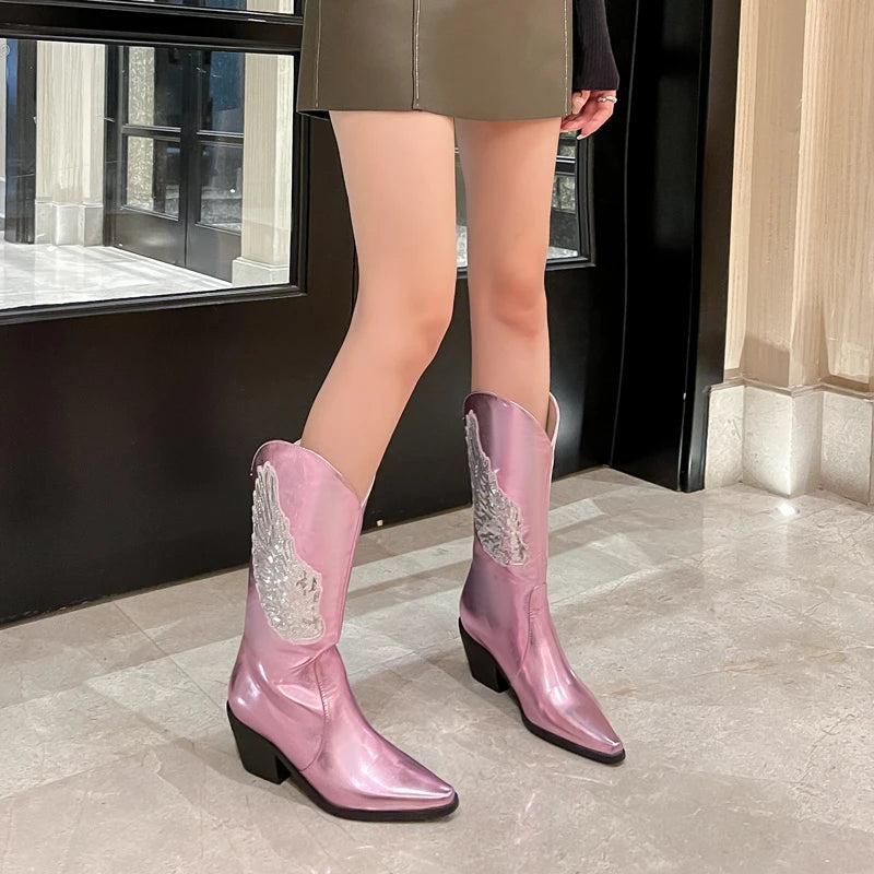 Plus Size Wing Pattern Sequin Cloth Decal Women's Mid Length Boots With Pointed Tapered Thick Heels Slip-On Metallic Boots