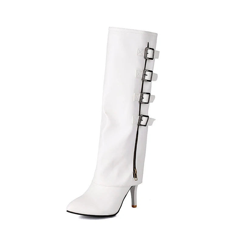 Plus Size Four Row Metal Belt Buckle Pointed Super High Thin Heel Sexy Knee High Boots Turned Over Edge Side Zipper Fashion Boot