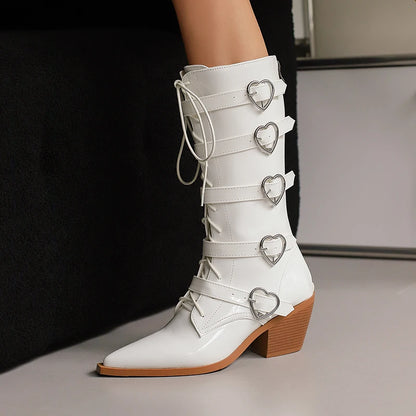 Plus Size Five Row Heart-Shaped Metal Belt Buckle Pointed Cone Wood Grain Thick Heel Cross Tie Zipper Punk Style Mid-calf Boots