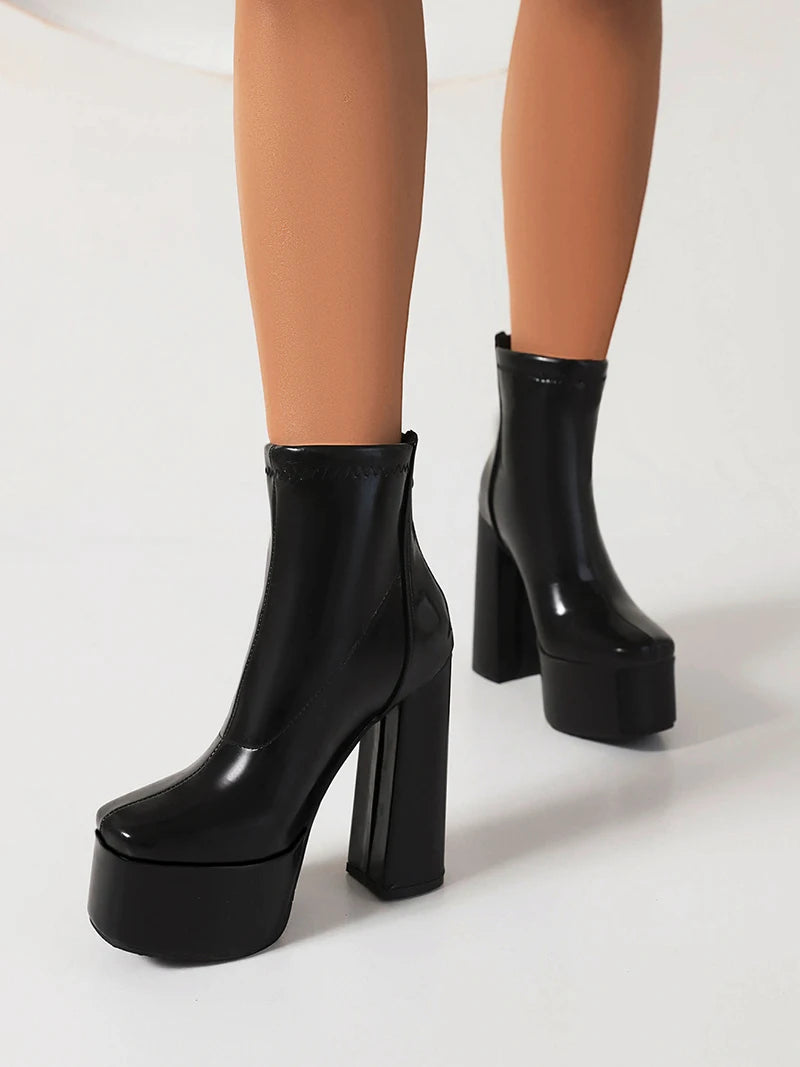 High Platform Square Toe Fashion High Heel Short Boots