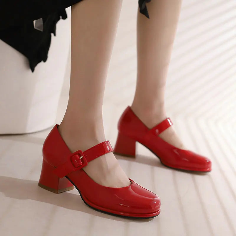 Patent PU Leather Orange Red Closed Toe Women Pumps Big Size 47 48 Mature Lady Office Shoes Buckle Strap Mary Janes Chunky Heels