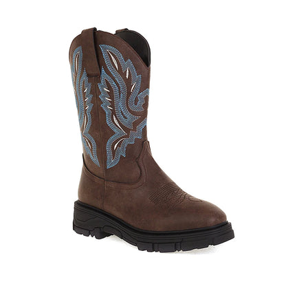 Plus Size Square Stitch Embroidered Women's Western Boots With Thick Soled Sponge Cake And Embroidered Mid Calf Boots