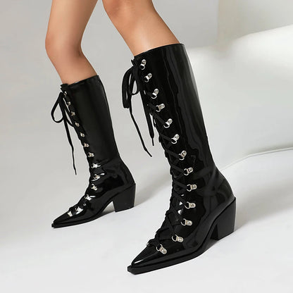 Plus Size Shiny Patent Leather Conical Wood Grain Thick Heel Pointed Cross Tie Punk Style Knee High Boots Plush Inner Boots