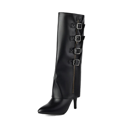 Plus Size Four Row Metal Belt Buckle Pointed Super High Thin Heel Sexy Knee High Boots Turned Over Edge Side Zipper Fashion Boot