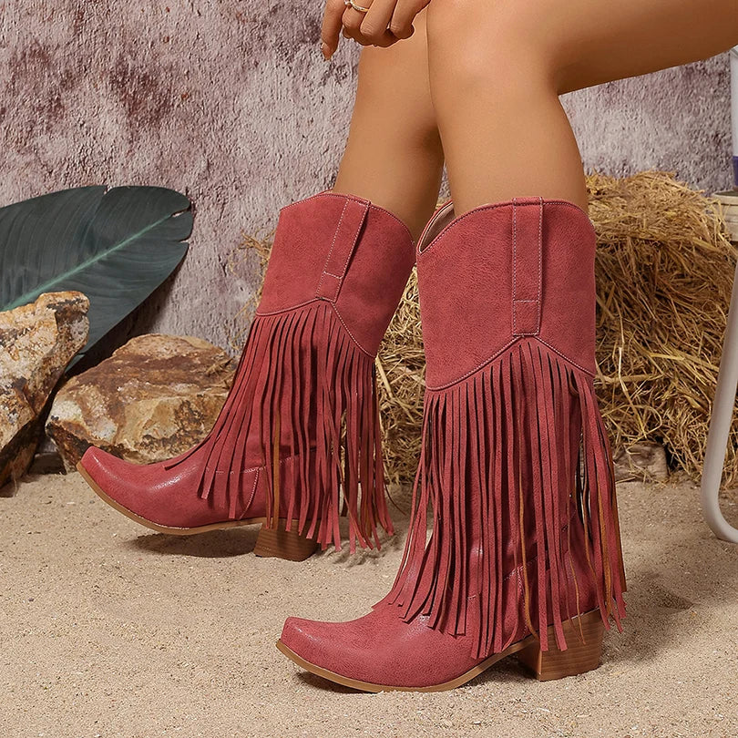 Plus Size Flock Velvet Material Wood Grain Coarse Heel Fringe Fine Strip Slip On Women's Mid-Calf Boots Plush Lining Knight Boot