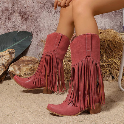 Plus Size Flock Velvet Material Wood Grain Coarse Heel Fringe Fine Strip Slip On Women's Mid-Calf Boots Plush Lining Knight Boot