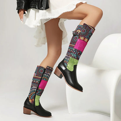 Plus Size Ethnic Style Printed Fabric Patchwork PU Women's Knee High Boots With Color Blocked Geometric Patterns Breathable Boot