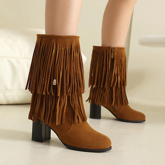 Plus Size Flock Velvet Upper Tassel Side Zipper Round Toe Ultra-High Thick Heel Plush Lining Mid-Calf Boots Winter Women's Boots