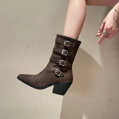 Plus Size Matte Suede Upper Pointed Cone Shaped Thick Heel Plush Inner Lining Four Rows Of Belt Buckles Retro Mid-Calf Boots