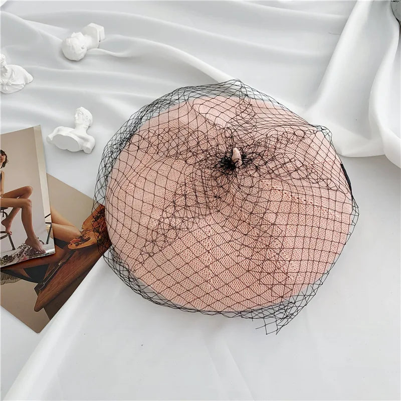 Beret hat women pearl net yarn painter hat