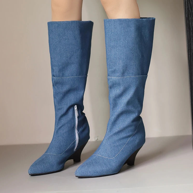 Plus Size Denim Material Pointed Flat Bottomed Sloping Heel Plush Lining Knee Boots Side Zipper Floor Slip On Elastic Boots