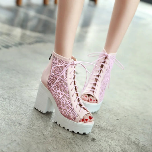 Hollow Mesh Patchwork PU Ultra-High Thick Heel Peep Toe Ankle Back Zipper Cross Tie Sexy Summer Women's Short Boots