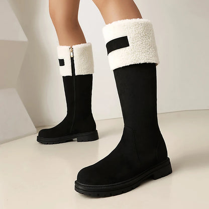 Plus Size Lamb Wool Splicing Frosted Velvet Upper Sponge Anti Slip Thick Sole Snow Boots Side Zipper Plush Lining Knee High Boot