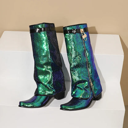 Flipped Zipper Metal Lock Glitter Round Illuminated Patch Fashion Show Boots Bling Bling Color Changing Knee High Boots