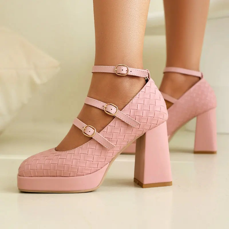 Plaid Red Pink Closed Toe Spring Ladies Shoes Block High Heels Women Pumps Bg Size 46 47 48 Buckle Belt Mary Janes Platform Heel