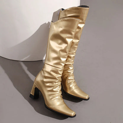 Plus Size Shiny Patent Leather Square toe Profiled High Heel Knee High Boots Plush Inner Back Zipper Pleated Gold Fashion Boots