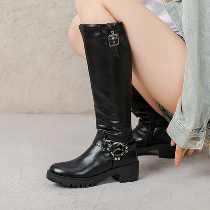 Non Slip Rubber Thick Heel Side Zipper Metal Belt Buckle Rivet Knight Boots Breathable Microfiber Lining Women's Knee High Boots