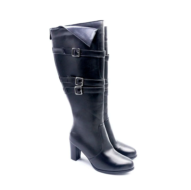 Plus Size Three Row Buckle Round Toe Thick Heel Zipper Women's Knee Length Boots With Breathable Microfiber Lining Knight Boots