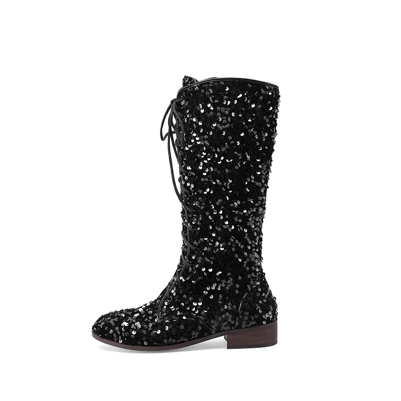 Circle Sparkling Sequin Material Novelty Women's Knee Length Boots Cross Lace Side Zipper Shiny Color Changing Unique Boots