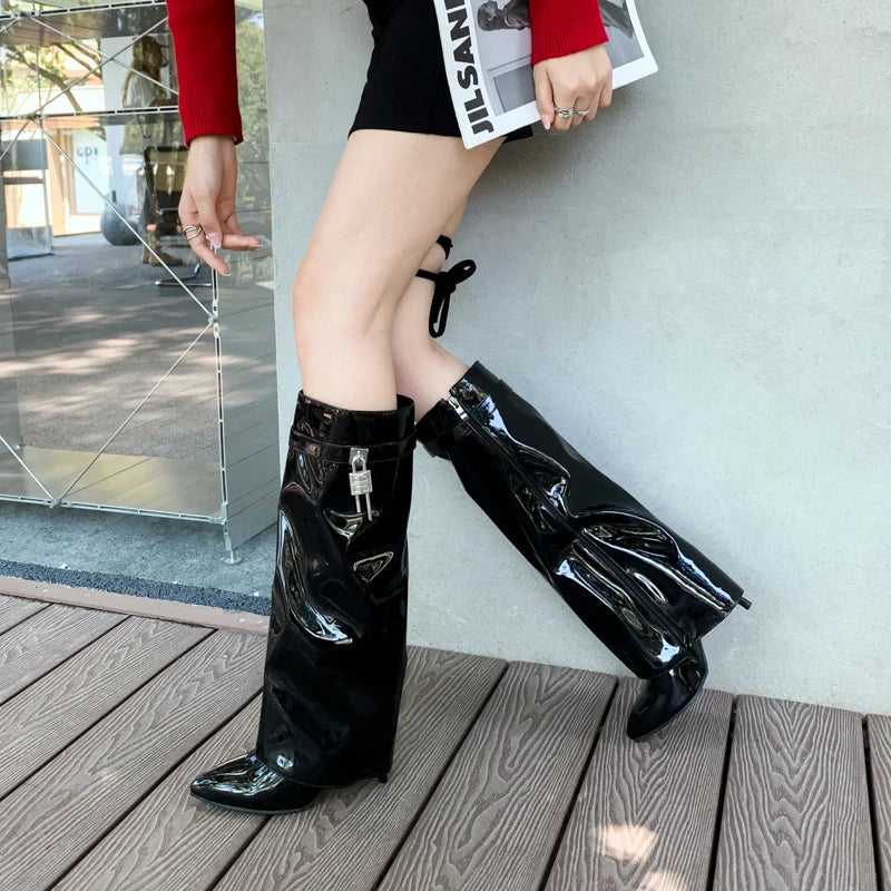 Plus Size Smooth Lacquered Leather Upper Pointed Toe Ultra-High Slim Heel Flipped Side Zipper Fashion Women's Knee High Boots